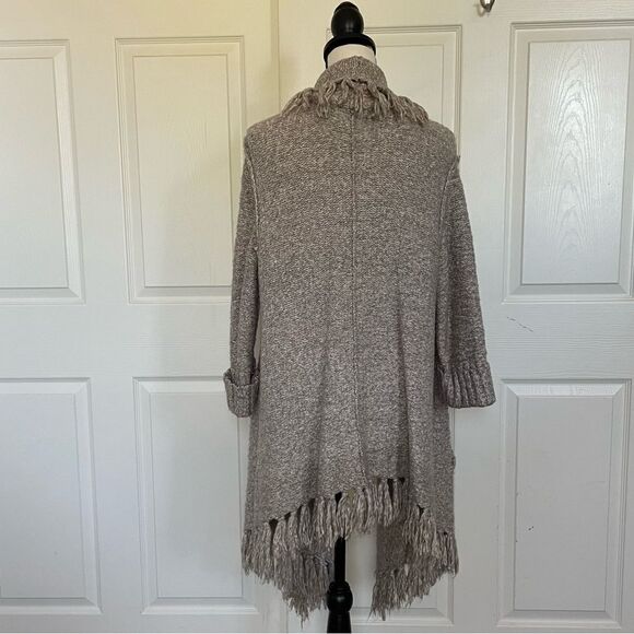 Kenzie Tan Fringe Trimmed Bohemian Hi Low Sweater Open Front Cardigan, Medium - Picture 3 of 12